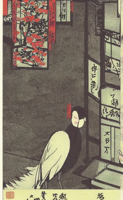 Prompt: by akio watanabe, manga art, girl next to goose bird in japanese temple, night, trading card front, kimono, realistic anatomy