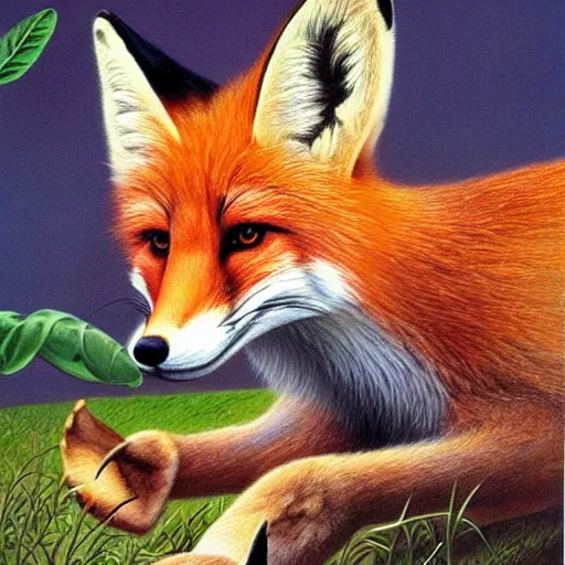 Image similar to beautiful lifelike painting of a fox chewing its own tail, hyperreal detailed facial features and uv lighting, art by ed roth and basil wolverton