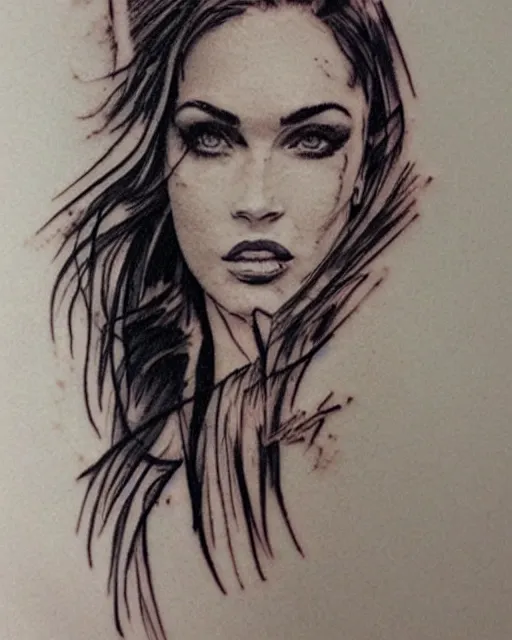 Image similar to double exposure effect tattoo sketch of megan fox faded with a beautiful mountain scenery, realism tattoo, in the style of matteo pasqualin, amazing detail, sharp