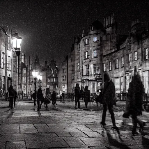 Prompt: ghosts, dusk, royal mile, edinburgh, street lights, spooky, shadows and lights