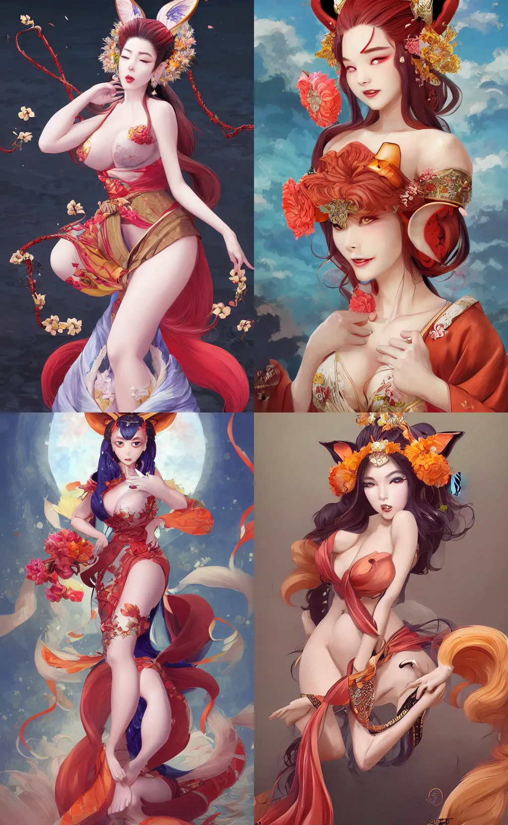 Prompt: An beautiful digital painting of Ssunbiki as a voluptuous lady with fox ears and nine tails wearing a kimono, by Stanley Artgerm Lau, WLOP, Rossdraws, James Jean, Andrei Riabovitchev, Marc Simonetti, and Sakimichan, tranding on artstation, SFW version