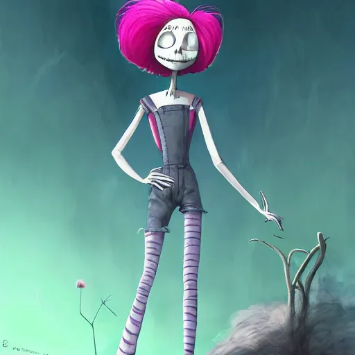 Prompt: sally from the nightmare before christmas with rainbow hair, sally, soft eyes and narrow chin, dainty figure, long hair straight down, torn overalls, short shorts, combat boots, basic white background, side boob, symmetrical, single person, style of by jordan grimmer and greg rutkowski, crisp lines and color,