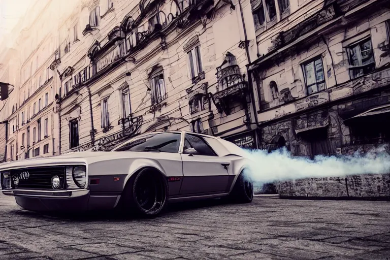 Image similar to audi camaro b 1 ( 1 9 6 9 ) drifting, need for speed : carbon, at night, neon lines, lviv historic centre, ultra phonk, phonk music background, smoke behind wheels, noise, dark, establishing shot