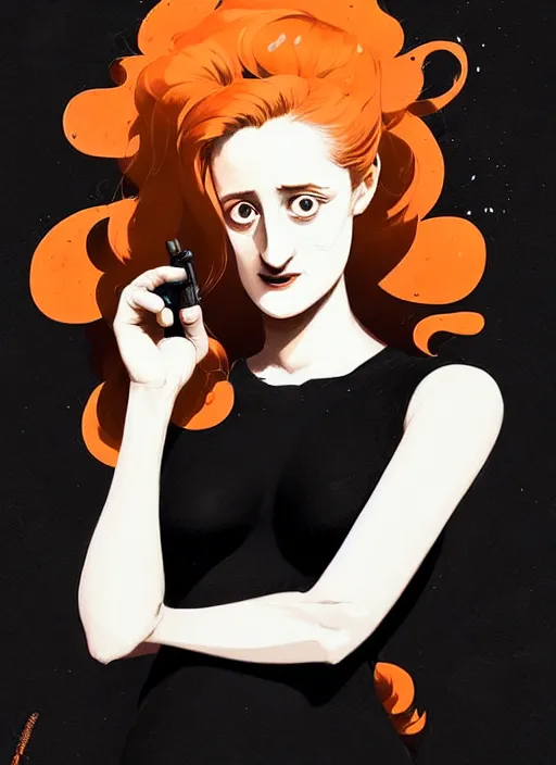 Image similar to highly detailed closeup portrait of beautiful grace gummer as dom dipierro, wavy ginger hair, black dress, by atey ghailan, by greg rutkowski, by greg tocchini, by james gilleard, by joe fenton, by kaethe butcher, gradient orange, black and white color scheme, grunge aesthetic!!! ( ( graffiti tag wall background ) )