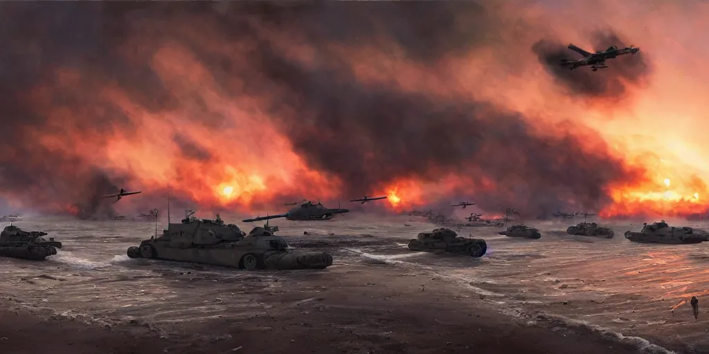 Image similar to the normandy!!!!! landings, d - day, 1 9 4 5, sunset, chaos!!!, smoke, fire, soldiers charging in, airplanes bombing the beach, destroyed tanks, highly detailed, wide shot, sadness, cinematic, ultra realistic!!!, ray tracing, by greg rutkowski