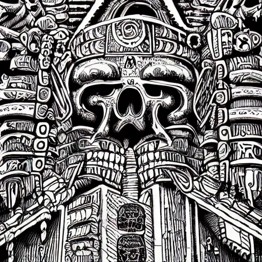 Prompt: precisely drawn illustration of a Mayan temple decorated with skulls, wide angle, sharp, fine details, French comic style, vibrant realistic colors, full color, cyberpunk, intense line art, 8k, precise linework, realistic, in the style of Richard Corben and Moebius