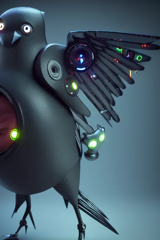 Image similar to high quality 3 d render very cute cyborg crow! incorporated speakers!, cyberpunk highly detailed, unreal engine cinematic smooth, in the style of blade runner & detective pikachu, hannah yata charlie immer, moody light, low angle, uhd 8 k, sharp focus