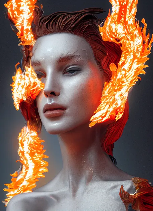 Image similar to sculpture made of flame, portrait, female, future, torch, fire, harper's bazaar, vogue, fashion magazine, intricate, concept art, close up, ornate, luxury, elite, elegant, trending on artstation, by ruan jia, by Kenneth Willardt, by ross tran, by WLOP, by Andrei Riabovitchev,