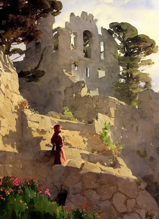 Prompt: california style watercolor painting of castle ruins on hilltop, stone walls, simplified art, very beautiful ambient lighting, sun rays, dust, art by john singer sargent, by anders zorn and winslow homer, wonderful masterpiece by greg rutkowski, cinematic light, american romanticism by greg manchess, creation by tyler edlin