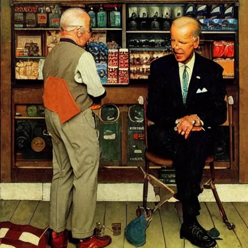 Image similar to joe biden forgets to breathe and falls over in a shop, painted by norman rockwell and tom lovell and frank schoonover