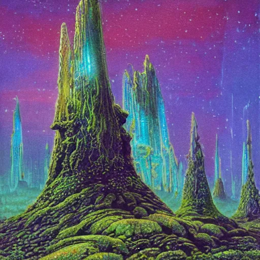 Image similar to an epic concept art, intricate coral, fungal gems, iridescent crystal monoliths, obelisks and an aurora borealis, mossy stumps, cell shading, by moebius, hiroshi yoshida, druillet, colorful, vivid colors