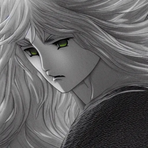 Image similar to griffith from berserk in the style of kentaro miura, 4 k, 8 k, absolute detailing of even the smallest details and particles, beautiful shadows, beautiful art, black and white drawing