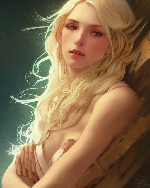 Image similar to '' Portrait of Beautiful blonde Slavic woman in her early 30’s, league of legends, LOL, fantasy, d&d, digital painting, artstation, concept art, sharp focus, illustration, art by greg rutkowski and alphonse mucha ''