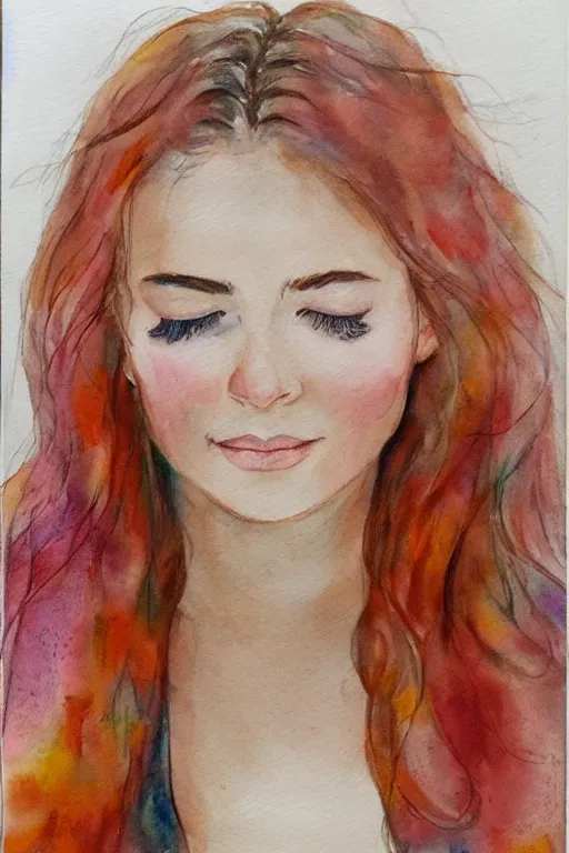 Image similar to portrait of a young beautiful auburn woman, closing her eyes, smiling, aquarelle, realistic painting, freckles, 1 / 4 headshot