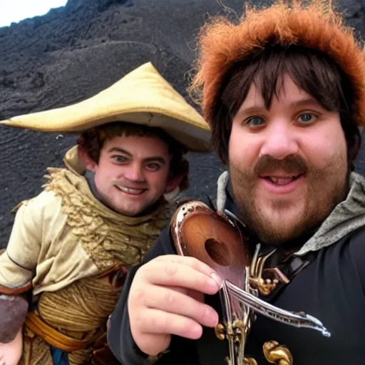 Image similar to Selfie photo of a halfling bard with volcano behind him