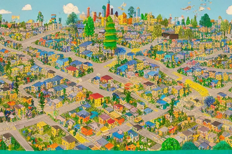 Image similar to an elaborate and dense painting of a peaceful neighborhood, detailed, made of alcohol ink on parchment and penned illustrations, by richard scarry and beeple