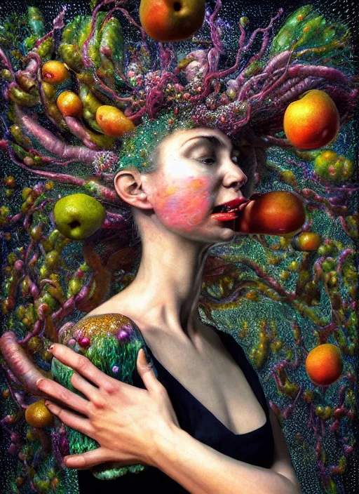 Image similar to hyper detailed 3d render like a Oil painting - Aurora (Singer) Eats of the Strangling Fruit and Her delicate Hands present the gossamer thin polyp celium blossoms bring iridescent fungal flowers whose spores black the foolish stars by Jacek Yerka, Mariusz Lewandowski, Houdini algorithmic generative render, Abstract brush strokes, Masterpiece, Edward Hopper and James Gilleard, Zdzislaw Beksinski, Mark Ryden, Wolfgang Lettl, hints of Yayoi Kasuma, octane render, unreal engine 5 render, 8k