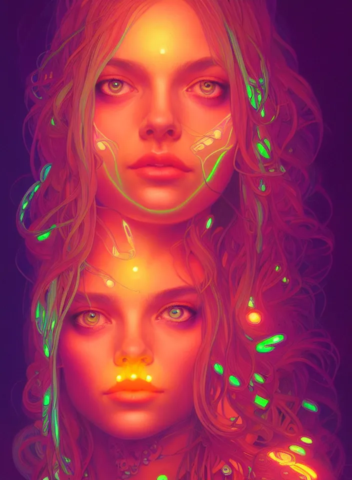 Image similar to symmetry!! portrait of hippie girl, neon glowing lights!! psychedelic, intricate, elegant, highly detailed, digital painting, artstation, concept art, smooth, sharp focus, illustration, art by artgerm and greg rutkowski and alphonse mucha, 8 k