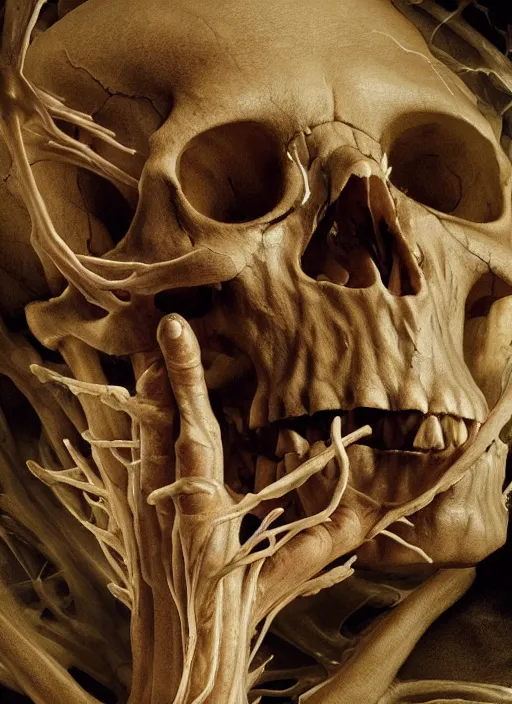 Image similar to skull with translucent skin, visible muscles and veins and arteries and bones and spines and nerves, beautiful detailed intricate insanely detailed octane render, 8k artistic photography, photorealistic, chiaroscuro, by David Cronenberg, Raphael, Caravaggio