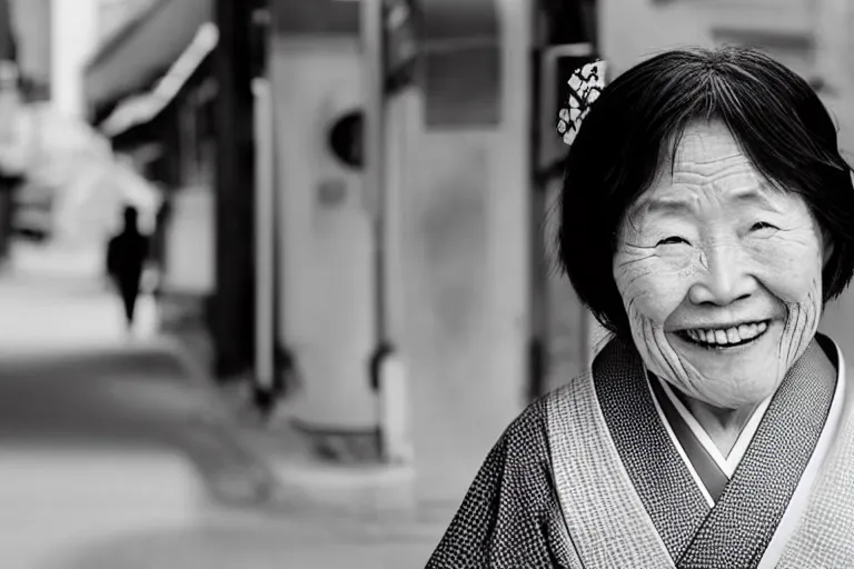 Image similar to still photo of a japanese old woman smiling at the camera wearing a kimono on a street, black and white color aesthetic, highly detailed, photorealistic portrait, bright studio setting, studio lighting, crisp quality and light reflections, unreal engine 5 quality render