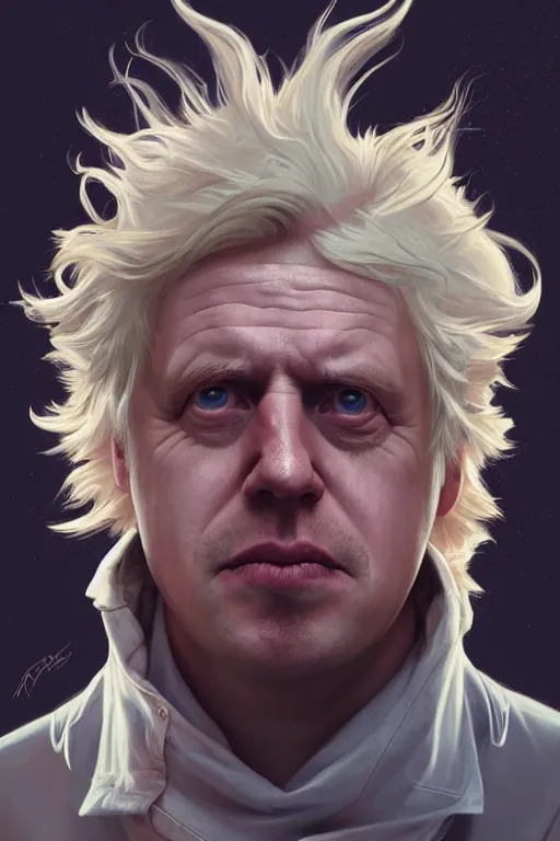 Prompt: Boris Johnson as Rick Sanchez, realistic portrait, symmetrical, highly detailed, digital painting, artstation, concept art, smooth, sharp focus, illustration, cinematic lighting, art by artgerm and greg rutkowski and alphonse mucha