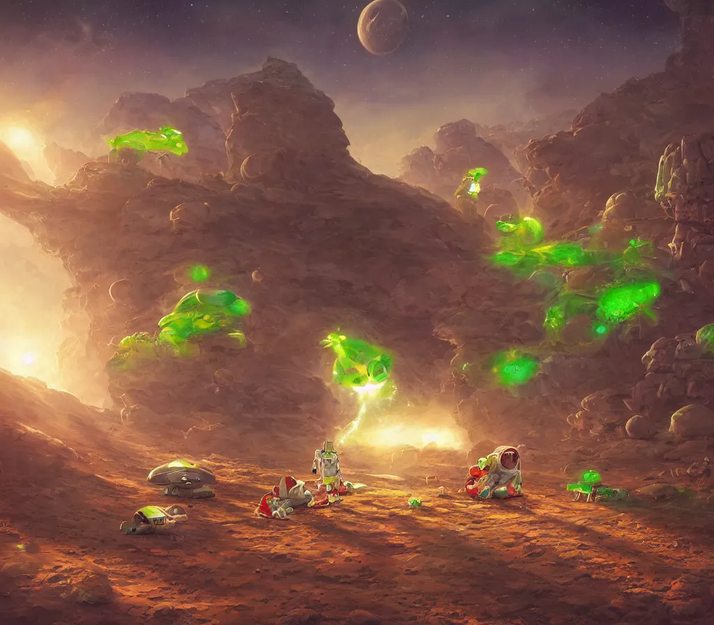 Prompt: An astronaut is having a picnic with a green alien and some dinosaurs on Mars, by Jordan Grimmer, digital art, trending on Artstation,