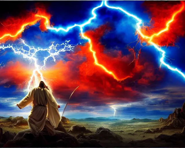 Prompt: jesus battling satan, apocalyptic, epic, blue and orange, fantastical, high contrast, fire, lightning, thunderclouds, armies, wide angle