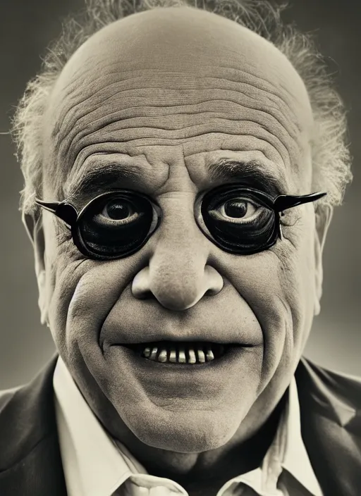 Prompt: photo of Danny Devito (2018) as the Joker by Lee Jeffries, head shot, detailed, award winning, Sony a7R