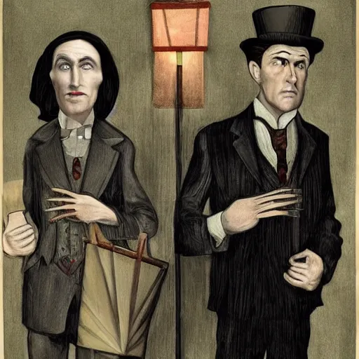 Prompt: American Gothics by Grant Wood but with Sherlock Holmes and Watson instead of the usual characters