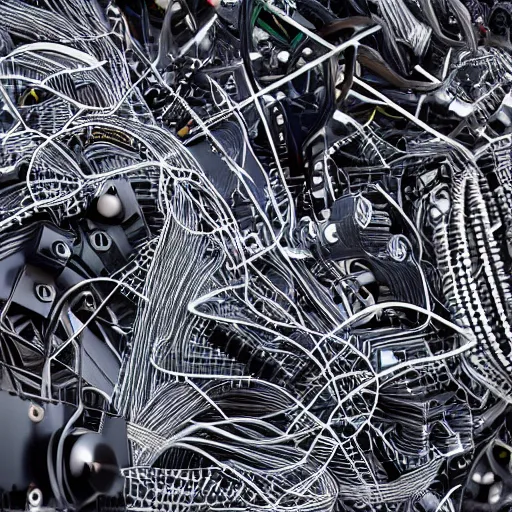 Prompt: a cluster of wires mixed into engine parts, patterned like a map, photo realistic