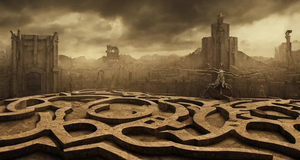 Image similar to circular bone labyrinth made out of giant bones, art deco medieval style, grimdark vibes, golden skeleton statue in center of labyrinth, abandoned vibes, gloomy moody clouds, god sun rays, complimentary color scheme, G liulian Art style, dynamic lighting, highly detailed, cinematic landscape, octane render, unreal engine