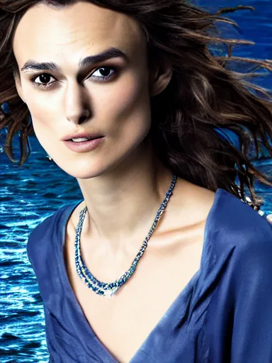 Image similar to a photograph of Keira Knightley with seashell necklace from the stage production of The Tempest taken with Nikon D3500, 4K UHD, high detail, photo realistic