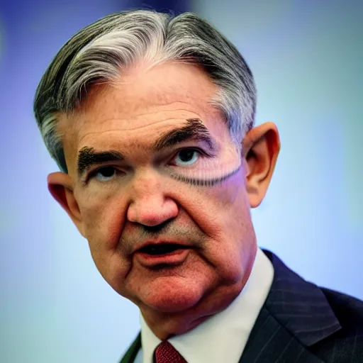 Prompt: detailed photo of Jerome Powell with whiteface clown makeup using a flamethrower projecting a long flame, highly-detailed