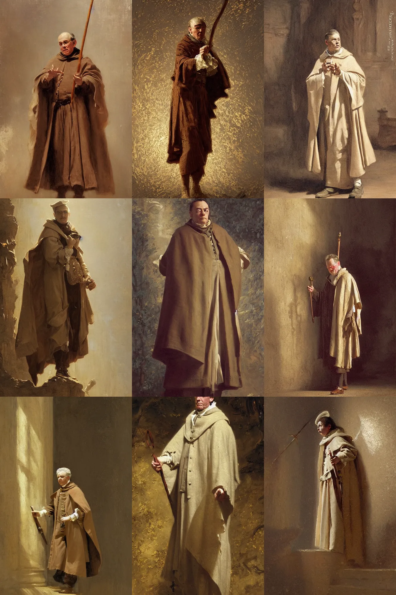 Prompt: a victorian era friar, cape, stars, sincere, modern maximalist suit, is ( ( holding a cane ) ). light dust, magnificent, hyperdetailed, theatrical, painted by jean honore fragonard and greg rutkowski