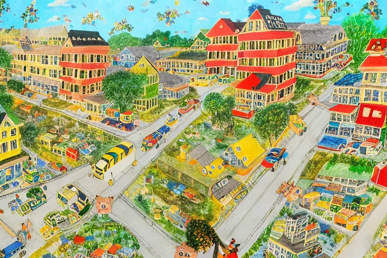 Image similar to an elaborate and dense painting of a peaceful neighborhood, detailed, made of alcohol ink on parchment and penned illustrations, by richard scarry and bosch