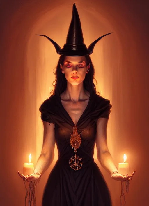 Image similar to portrait of a satanic witch standing and holding a candle, intricate, elegant, glowing lights, highly detailed, digital painting, artstation, glamor pose, concept art, smooth, sharp focus, illustration, art by artgerm and greg rutkowski, artey freytag