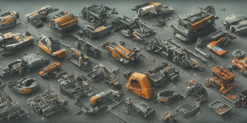 Image similar to collection of exploration of form and shapes, props, hard surface, panel, simon stalenhag, kitbash, items, gadget, big medium small, close up, vehicles, futuristic, parts, machinery, greebles, insanely detailed, case, hardware, golden ratio, wes anderson color scheme