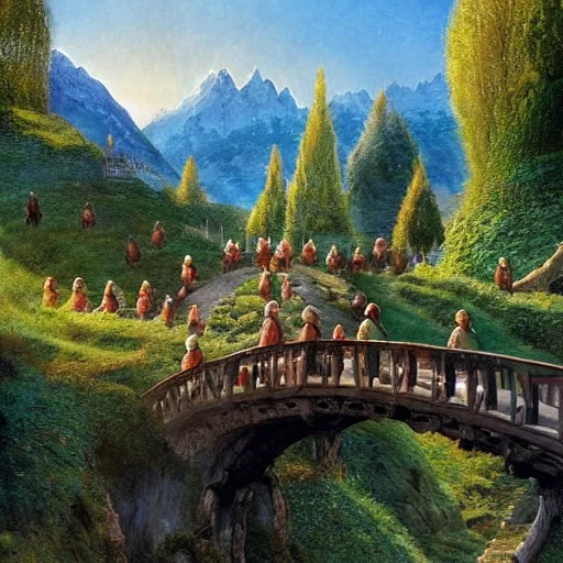 Image similar to the hobbits with gandalf are walking along the bridge to rivendell, the elves warmly welcome them, blue clear sky, vivid color, highly detailed, digital painting, artstation, matte, sharp focus, impressionnisme, art by shishkin and kuindzhi