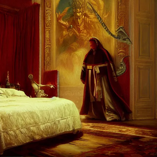 Image similar to the pope is in the papal bedroom, scared because a horned demon is attacking him. highly detailed painting by gaston bussiere, greg rutkowski, craig mullins 8 k