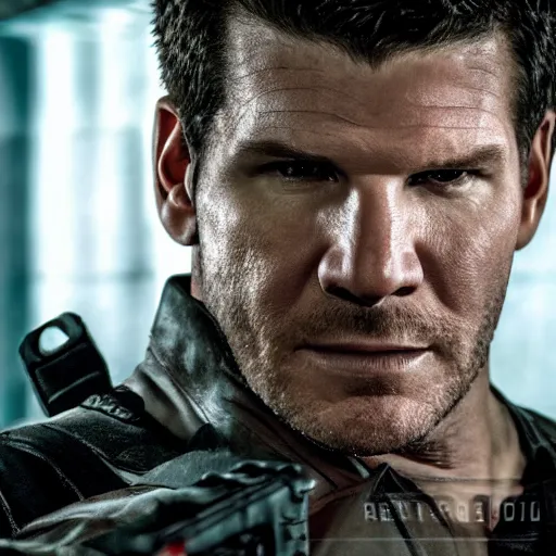 Image similar to David Boreanaz as chris refield in resident evil, 4k, high detail, high-resolution photograph, professional photography