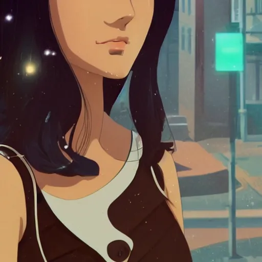 Image similar to a portrait of a beautiful girl with long black hair and bangs, wearing 1940's fashion, she has dark brown eyes and pale skin, she is facing towards the camera, city at nightime background, low-key neon lighting, 4k, HQ, official media, anime key visual, makoto shinkai, ilya kuvshinov, lois van baarle, rossdraws, detailed, trending on artstation