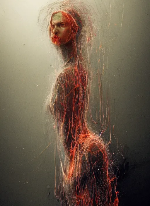 Image similar to rgb wires, portrait, woman, bedroom full of fire, rage, cinematic, movie scene, inspired by zdzislaw beksinski, clothes made out of veins,, cables everywhere, bedroom, ultra realistic, concept art, intricate details, highly detailed, photorealistic, octane render, 8 k