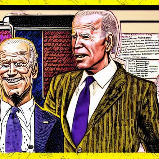 Image similar to The Artwork of R. Crumb and his Cheap Suit - Joe Biden and Kamala Harris, pencil and colored marker artwork, trailer-trash lifestyle