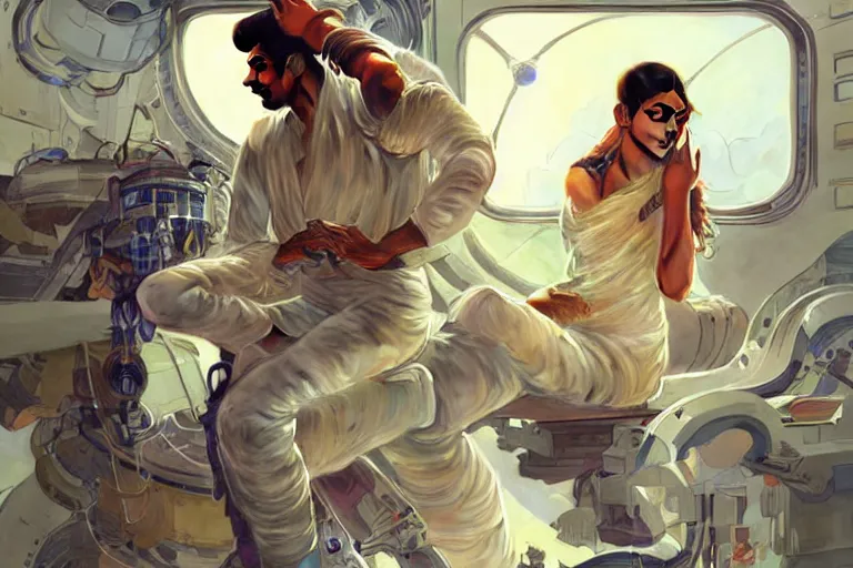 Image similar to Exhausted good looking pale young Indian doctors wearing jeans in a space station above Earth performing surgery, portrait, elegant, intricate, retrofuturistic digital painting, artstation, concept art, smooth, sharp focus, illustration, art by artgerm and greg rutkowski and alphonse mucha