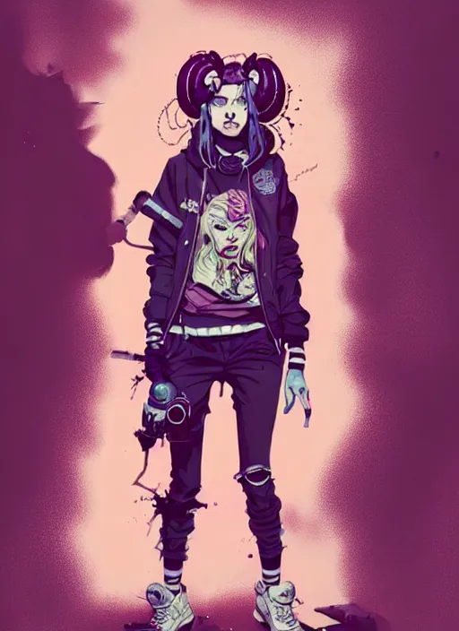 Image similar to highly detailed portrait of a sewer punk lady, tartan hoody, blonde ringlet hair by atey ghailan, by greg rutkowski, by greg tocchini, by james gilleard, by joe fenton, by kaethe butcher, gradient magenta, black, blonde cream and white color scheme, grunge aesthetic!!! ( ( graffiti tag wall background ) )