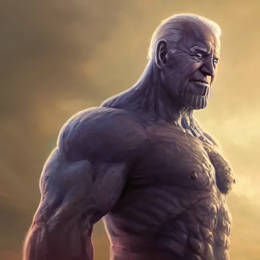 Image similar to joe biden is thanos, fantasy, high detail, elegant, digital painting, cinematic lighting, textured skin, highly detailed, artstation, unreal engine 5, breathtaking, illustration, ilya kuvshinov, nikolay makovsky