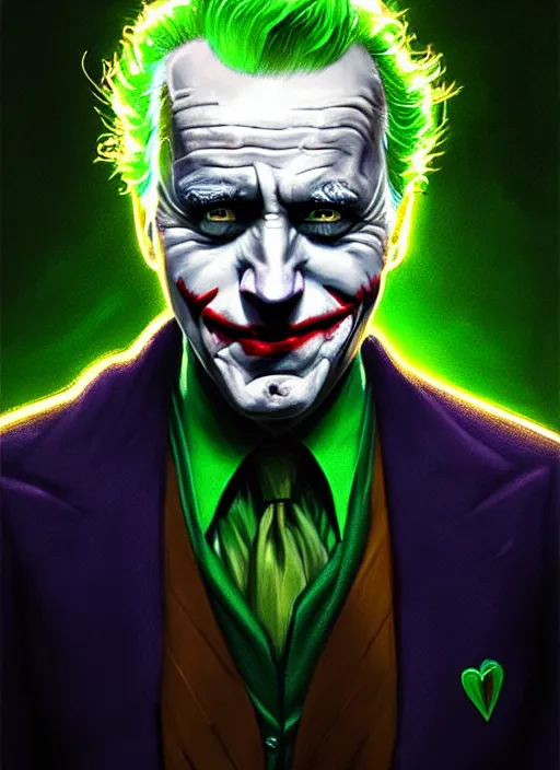 Image similar to portrait of joe biden as the joker, green hair, intricate, elegant, glowing lights, highly detailed, digital painting, artstation, concept art, sharp focus, illustration, art by wlop, mars ravelo and greg rutkowski