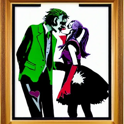 Prompt: banksy as joker and harley queen kissing, realistic content, detail content, paper border, 5 color