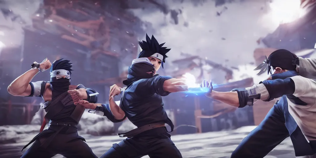 Prompt: kakashi with chidori and captain levi fighting in mortal kombat style, unreal 5, hyperrealistic, realistic, photorealistic, dynamic lighting, highly detailed, cinematic landscape, studio landscape, studio lighting