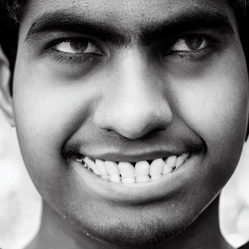 Image similar to close - up portrait photograph of a large teenage indian male with black eyes, a big mouth, chubby facial features, a messy stubble and short touselled black hair, highly detailed, anatomically correct features,